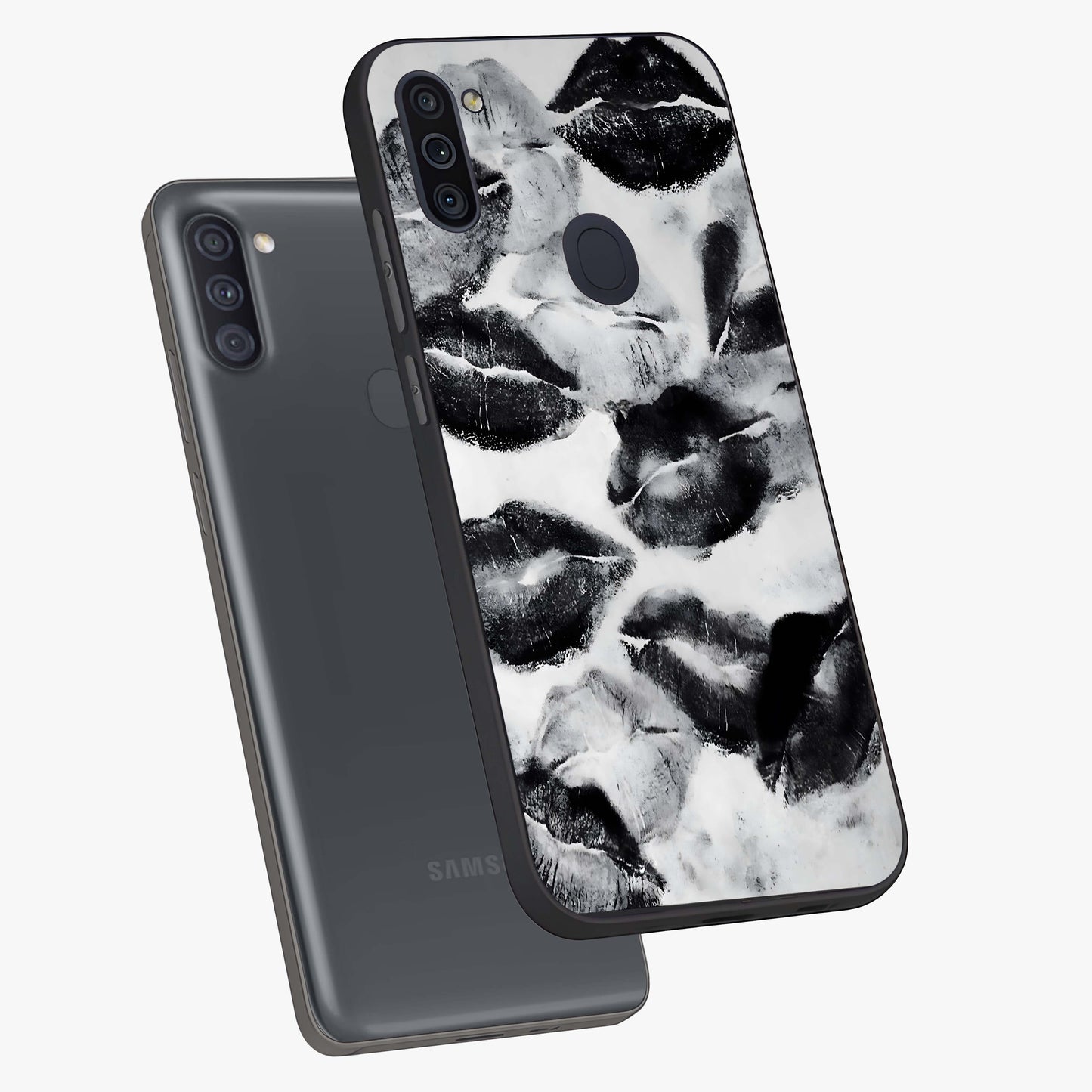 Midnight Kiss Marks Glass Case displayed in angled mockup highlighting playful romantic design with bold midnight aesthetic.