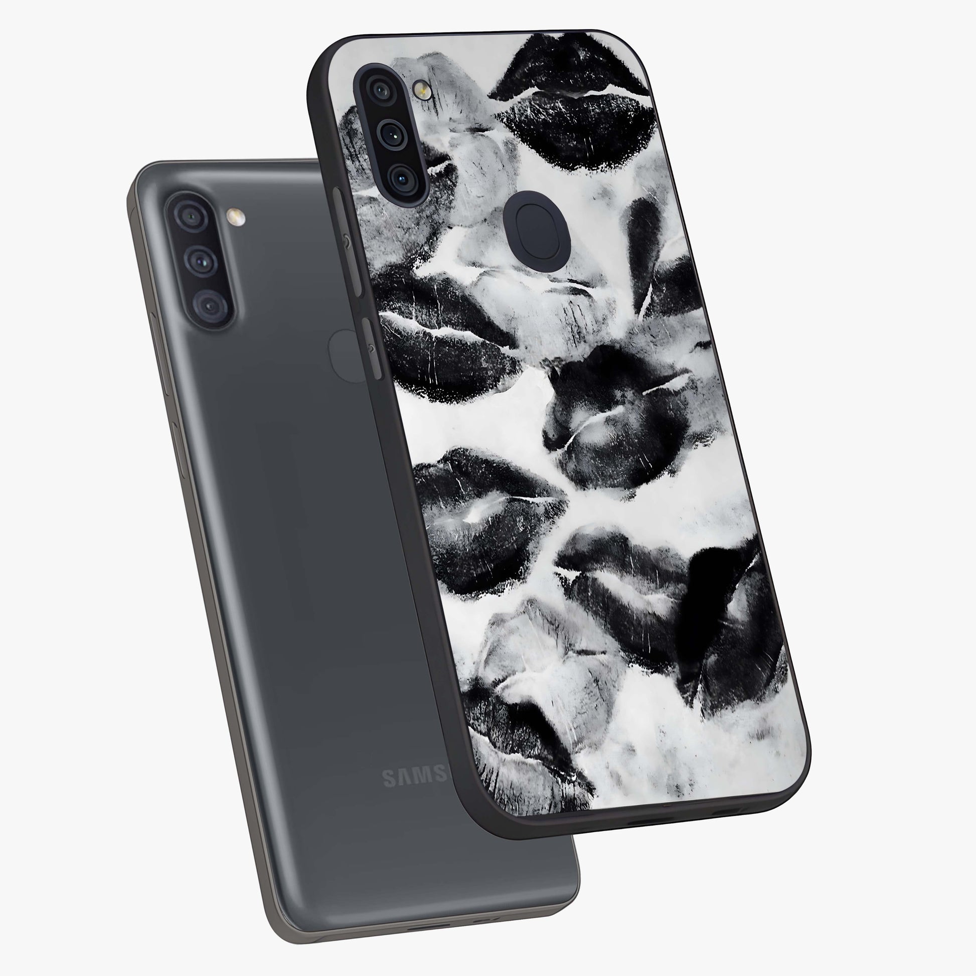 Midnight Kiss Marks Glass Case displayed in angled mockup highlighting playful romantic design with bold midnight aesthetic.