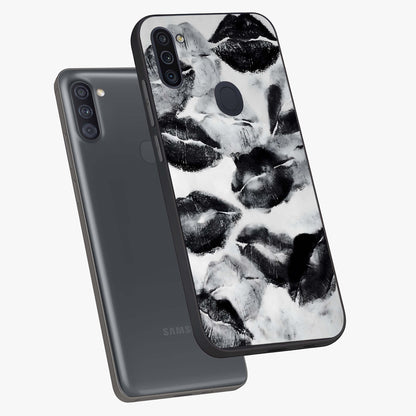 Midnight Kiss Marks Glass Case displayed in angled mockup highlighting playful romantic design with bold midnight aesthetic.
