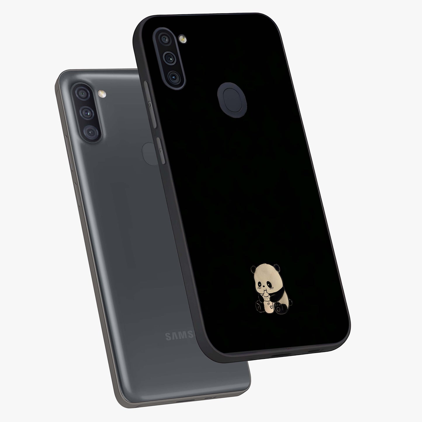 Midnight Panda Love Glass Case displayed in angled mockup highlighting adorable panda illustration with midnight aesthetic.