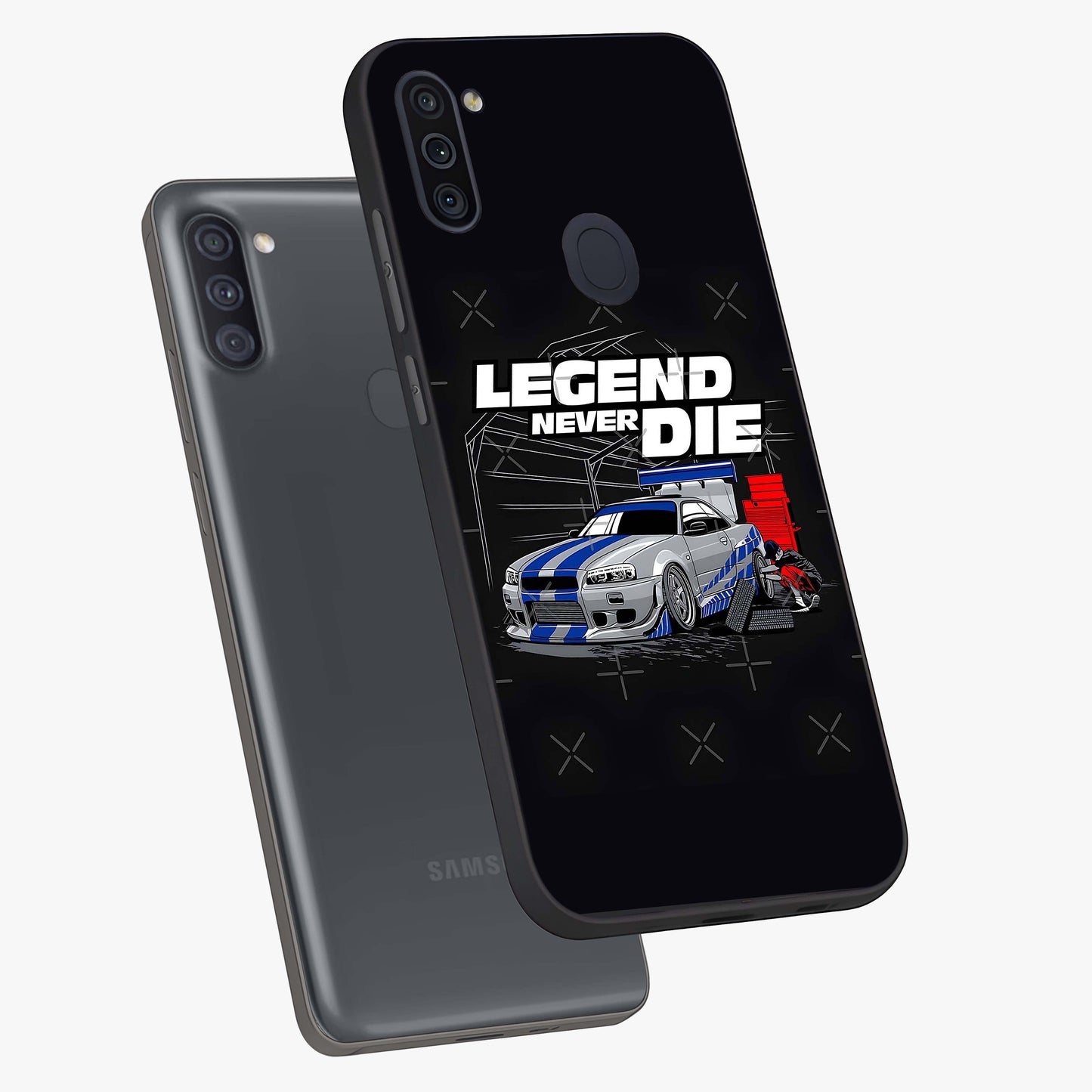 Midnight Racing Legacy Glass Case displayed in angled mockup highlighting dynamic automotive design with bold midnight aesthetic.