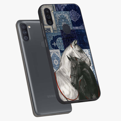 Midnight Stallion Blues Glass Case displayed in angled mockup highlighting powerful stallion illustration with deep midnight tones.