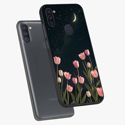 Midnight Tulip Whispers Vibe Glass Case displayed in angled mockup highlighting delicate tulip design with midnight floral aesthetic.