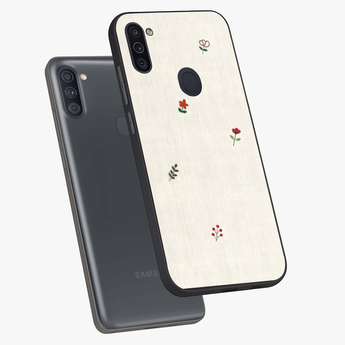 Minimalistic Blue With White Flower Pattern Glass Case displayed in angled mockup highlighting simple floral design with minimal aesthetic.
