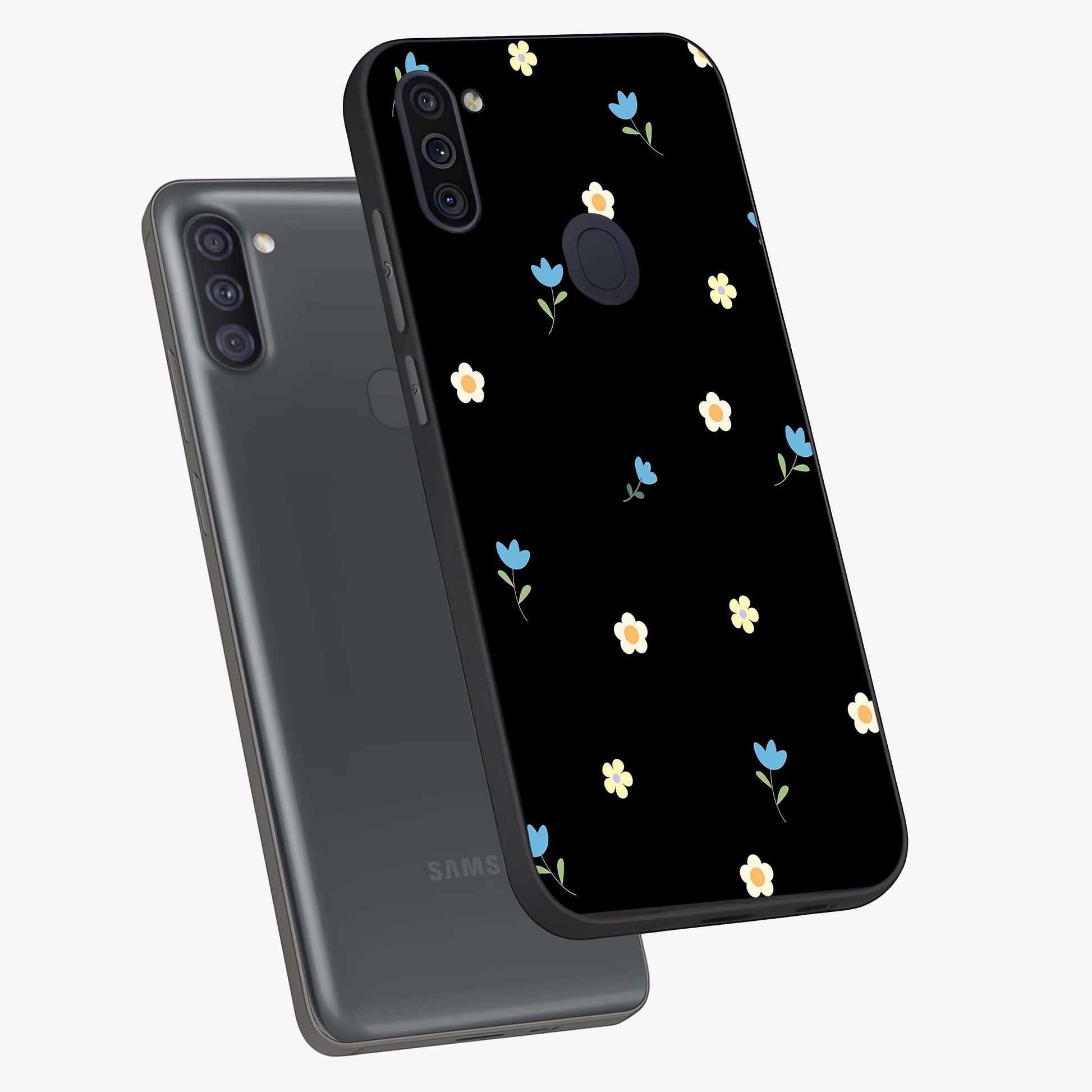 Minimal Petal Whispers Glass Case displayed in angled mockup highlighting delicate petal design with clean minimal aesthetic.