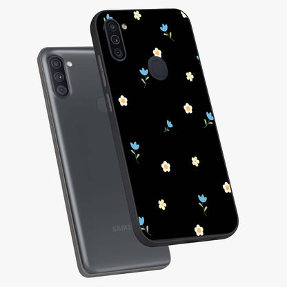 Minimal Petal Whispers Glass Case displayed in angled mockup highlighting delicate petal design with clean minimal aesthetic.