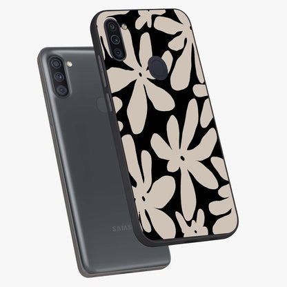 Monochrome Petal Dance Glass Case displayed in angled mockup highlighting elegant petal design with black and white aesthetic.