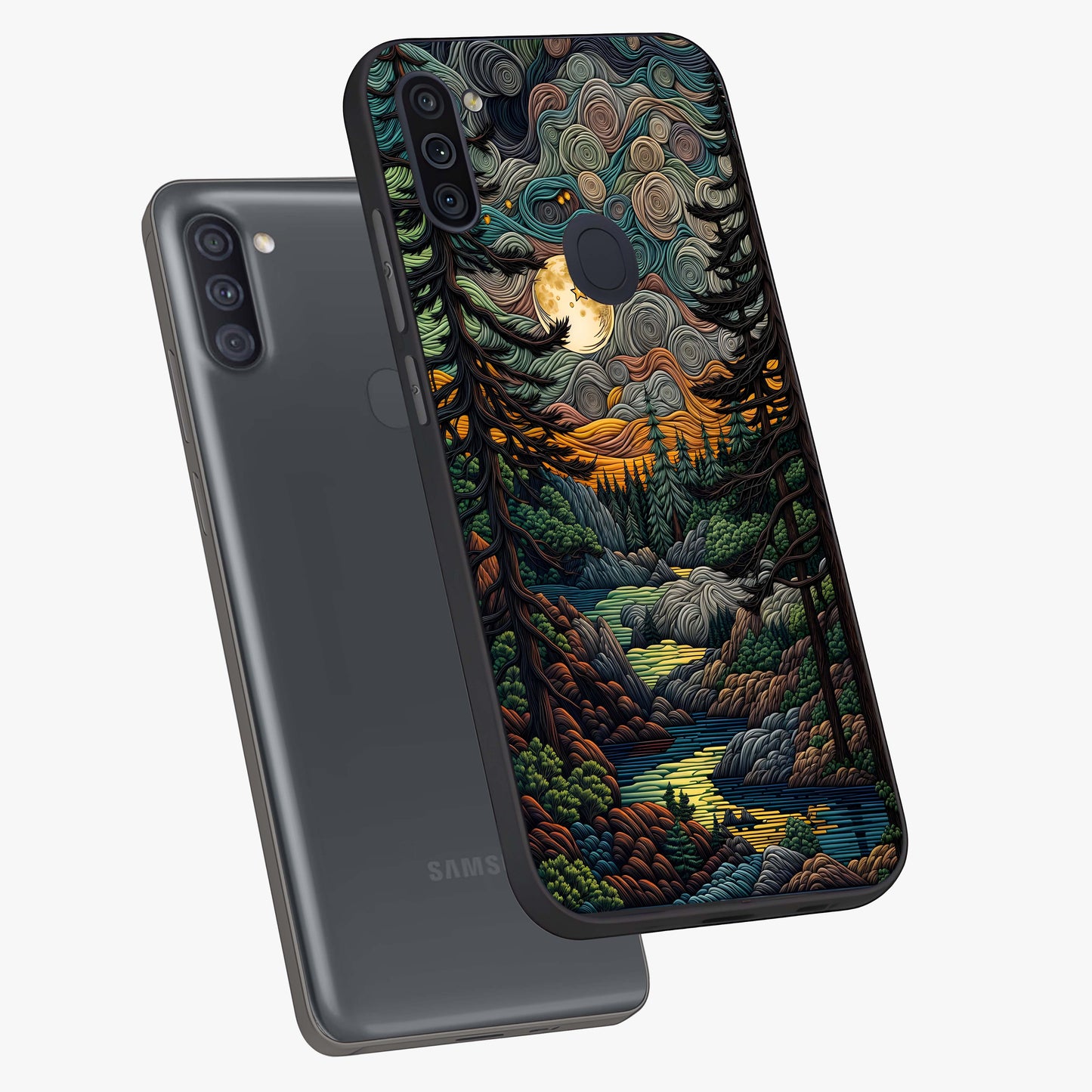 Moonlight Forest Dream Glass Case displayed in angled mockup highlighting dreamy forest design with glowing moon aesthetic.