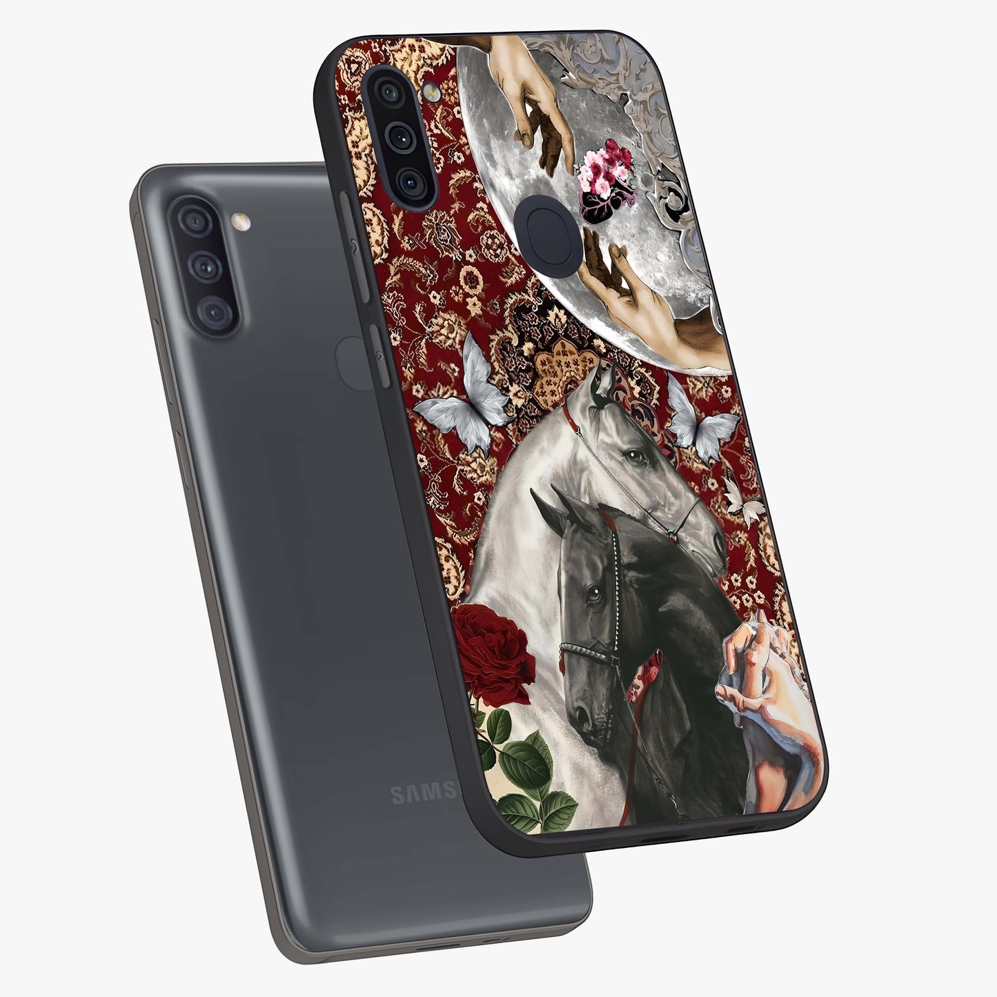 Moonlit Royal Stallion Glass Case displayed in angled mockup highlighting powerful stallion illustration with royal night aesthetic.