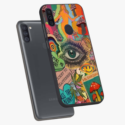 Mystic Eye Wonderland Glass Case displayed in angled mockup highlighting magical eye illustration with dreamy aesthetic.