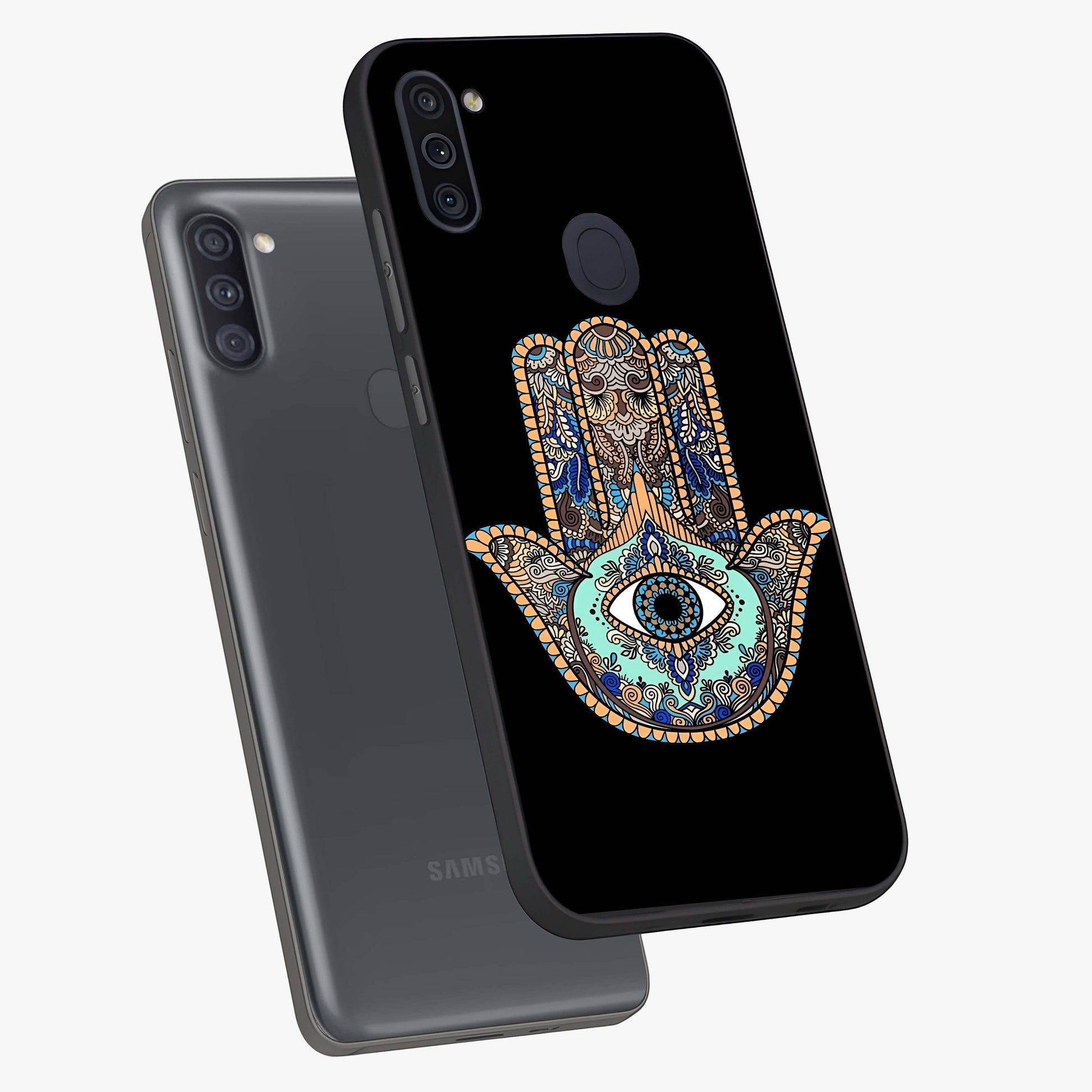 Mystic Hamsa Eye Glass Case displayed in angled mockup highlighting spiritual hamsa symbol with mystical aesthetic style.