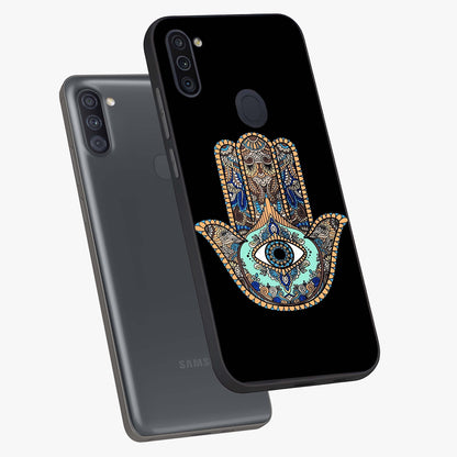 Mystic Hamsa Eye Glass Case displayed in angled mockup highlighting spiritual hamsa symbol with mystical aesthetic style.