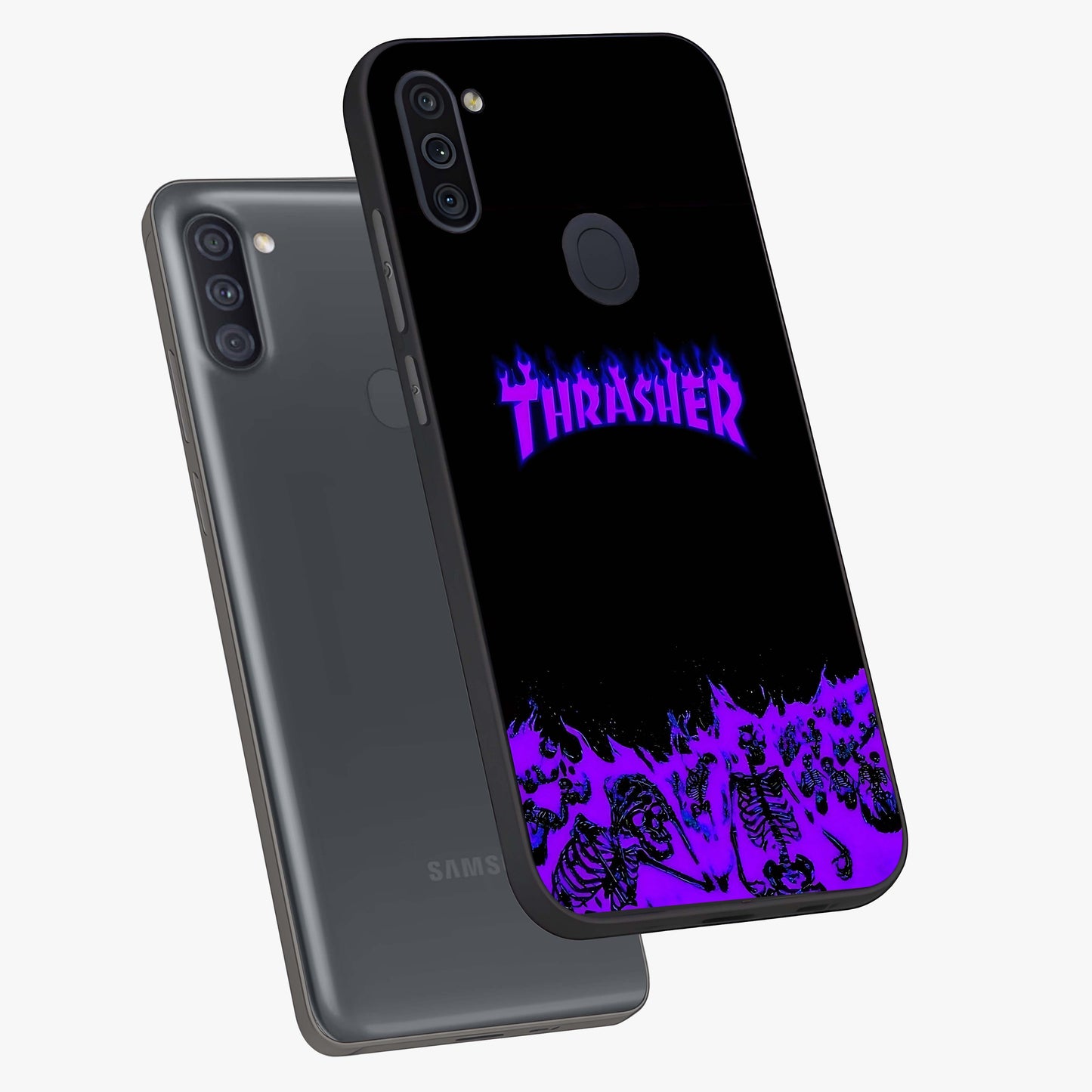 Neon Flame Riot Glass Case displayed in angled mockup highlighting glowing flame design with vibrant neon aesthetic.