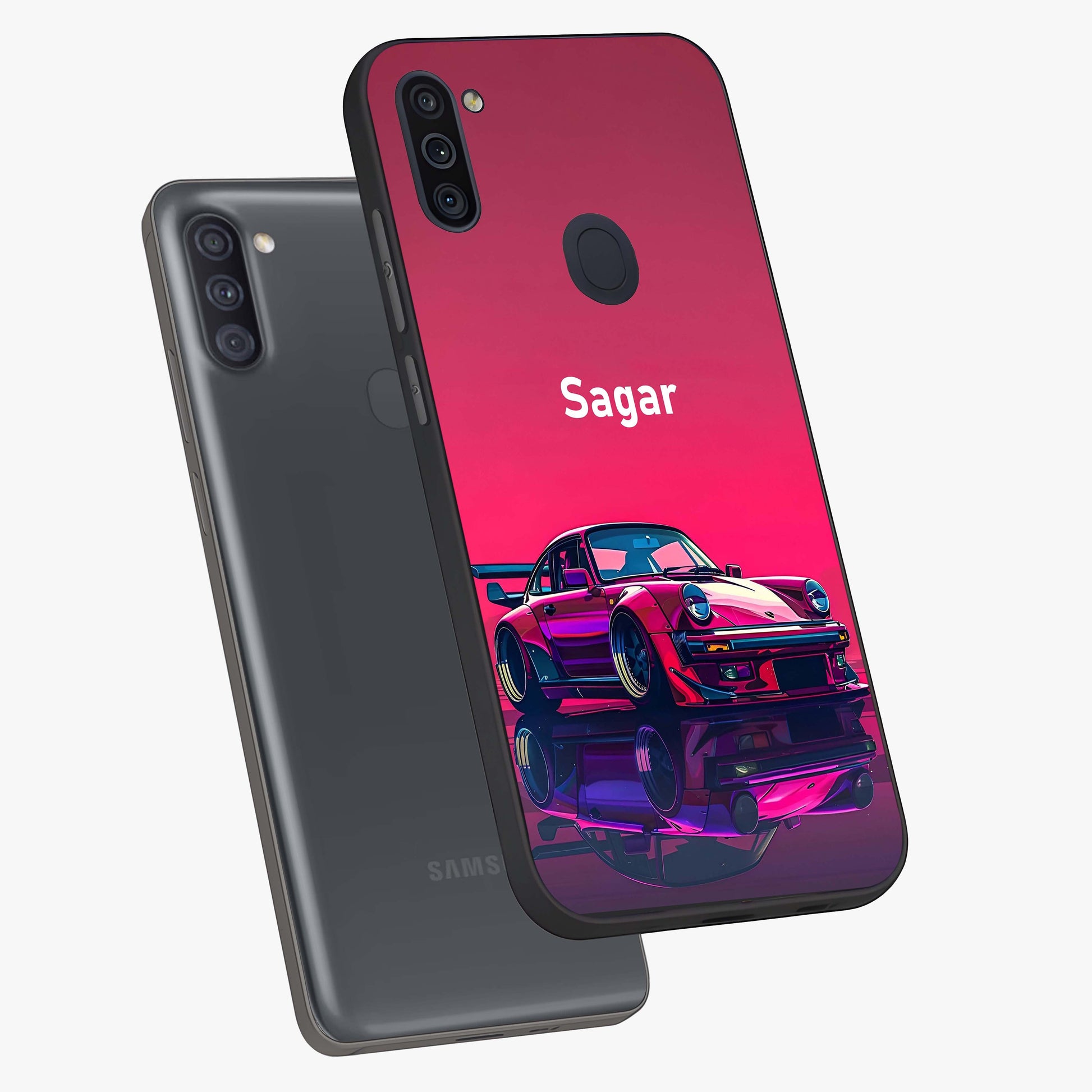 Neon Pink Porsche Glass Case displayed in angled mockup highlighting sleek neon pink car design with racing aesthetic.