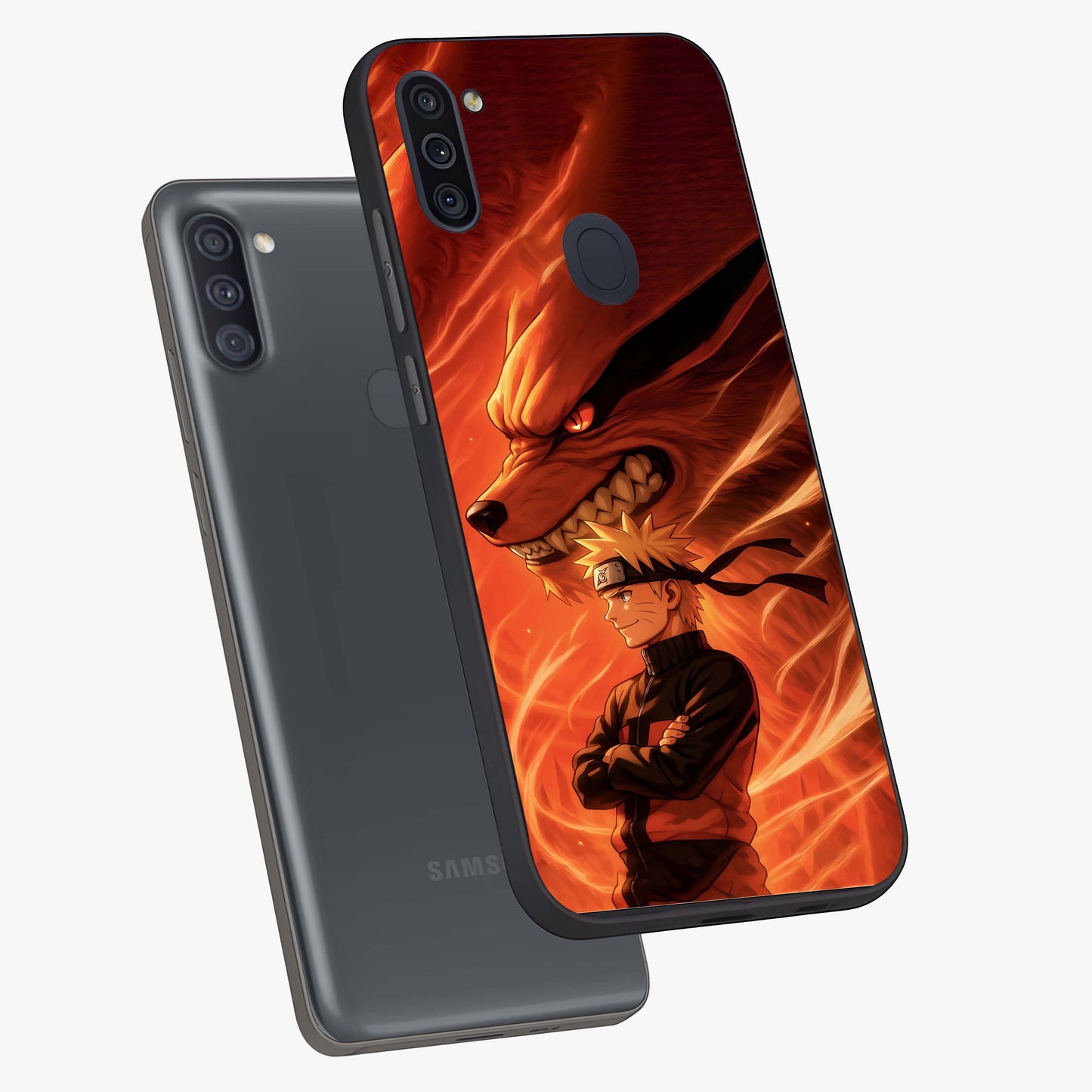Nine Tails Legacy Glass Case displayed in angled mockup highlighting dynamic anime beast illustration with bold mystical aesthetic.