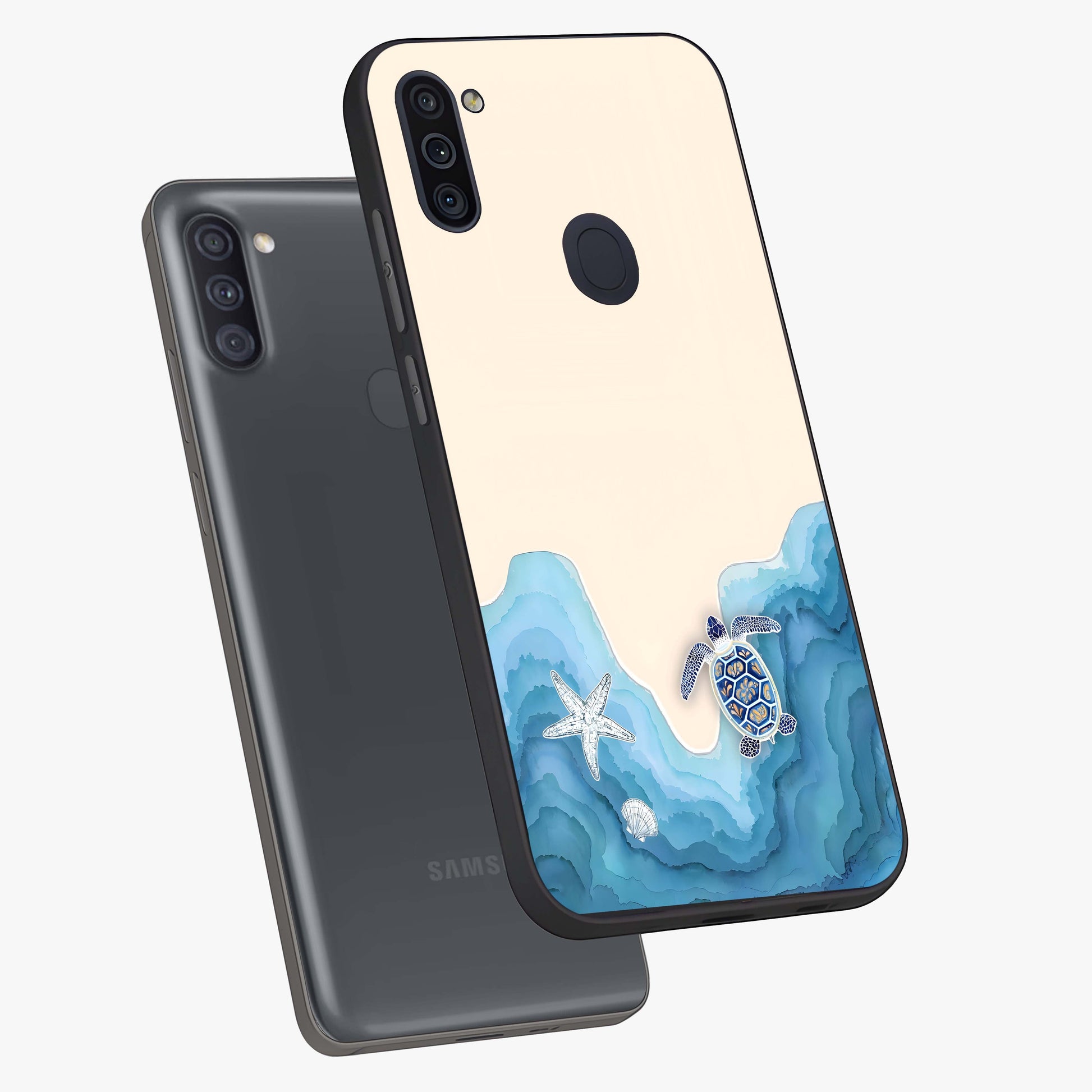 Ocean Drift Turtle Glass Case displayed in angled mockup highlighting peaceful ocean turtle illustration with marine aesthetic.