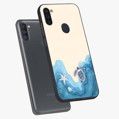Ocean Drift Turtle Glass Case displayed in angled mockup highlighting peaceful ocean turtle illustration with marine aesthetic.