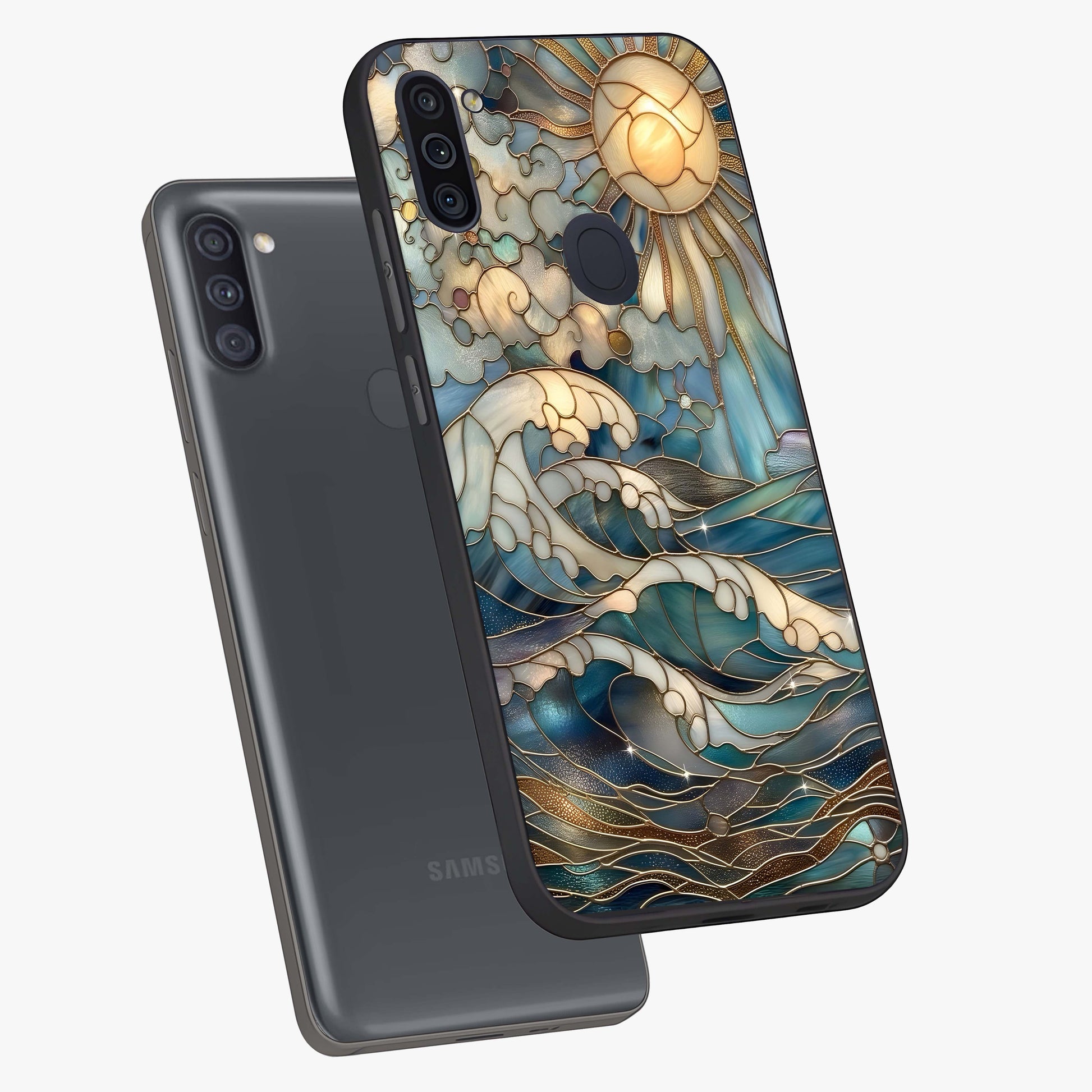 Oceanic Stained Printed Glass Case displayed in angled mockup highlighting colorful aquatic design with artistic aesthetic style.