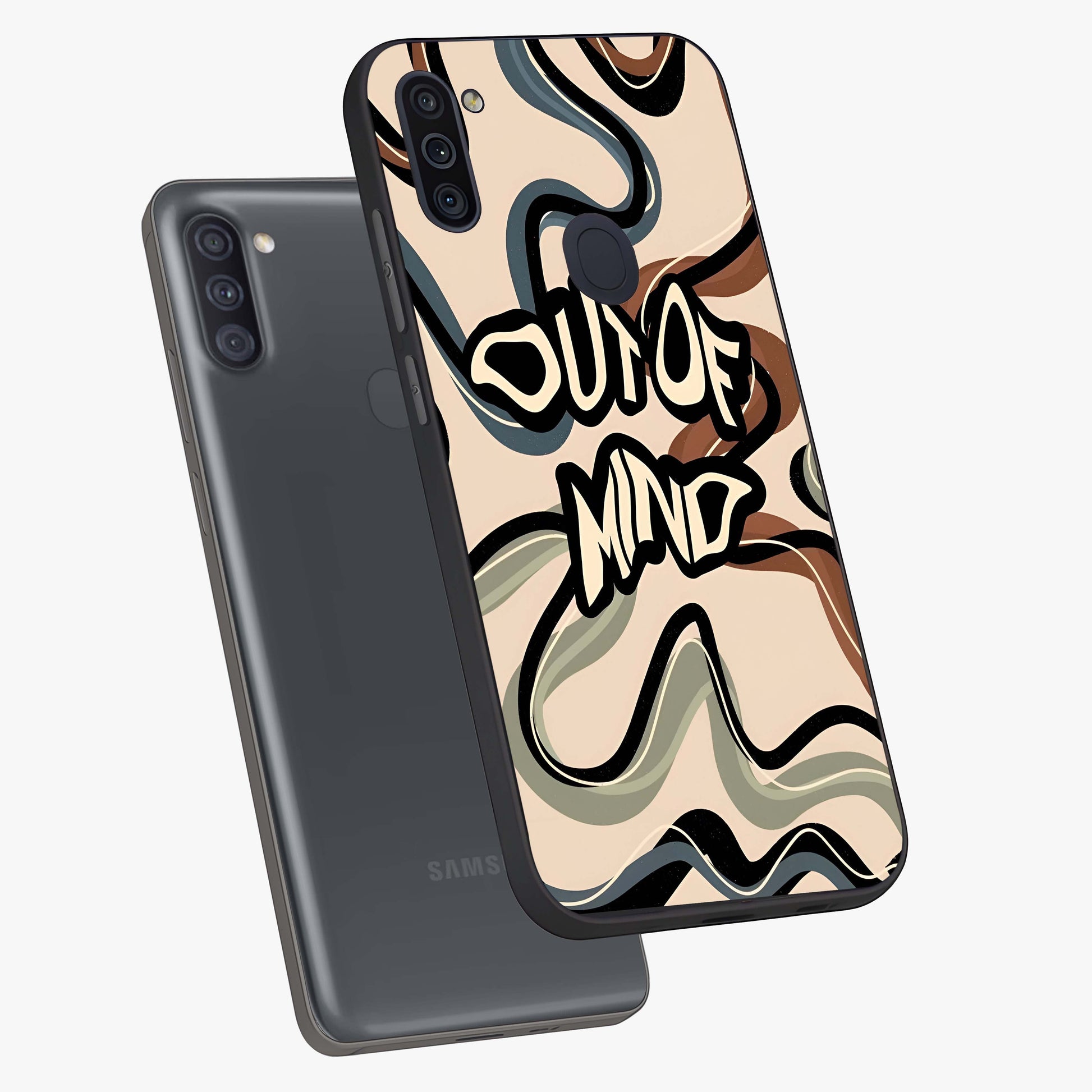 Out Of Mind Glass Case displayed in angled mockup highlighting bold statement design with modern artistic aesthetic.