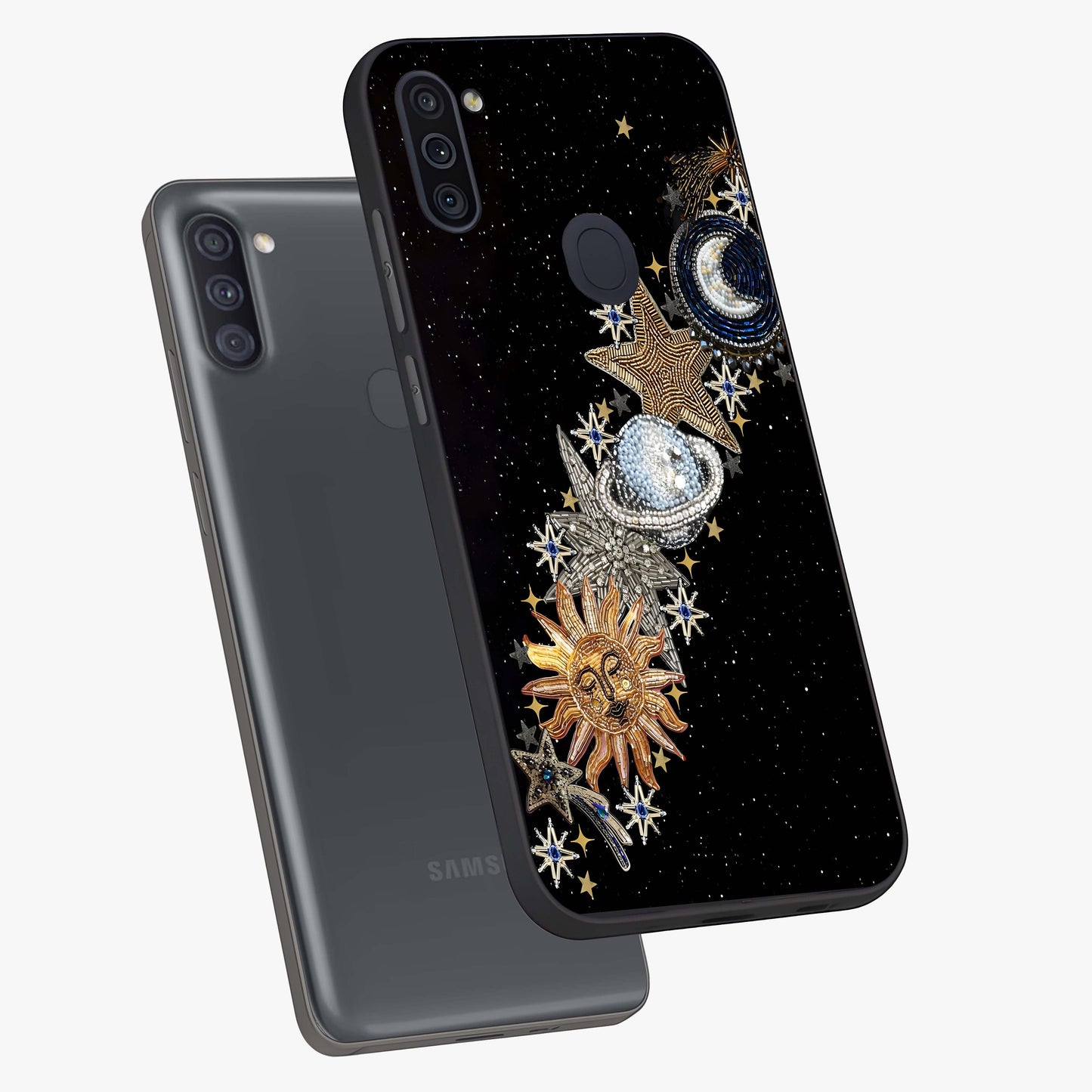 Pearls Universe Object Glass Case displayed in angled mockup highlighting celestial pearl design with dreamy aesthetic.