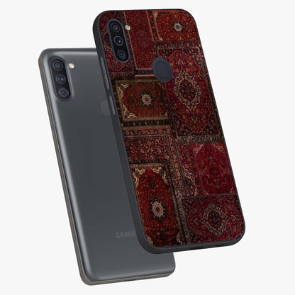 Persian Velvet Tale Glass Case displayed in angled mockup highlighting ornate textile inspired design with royal aesthetic.