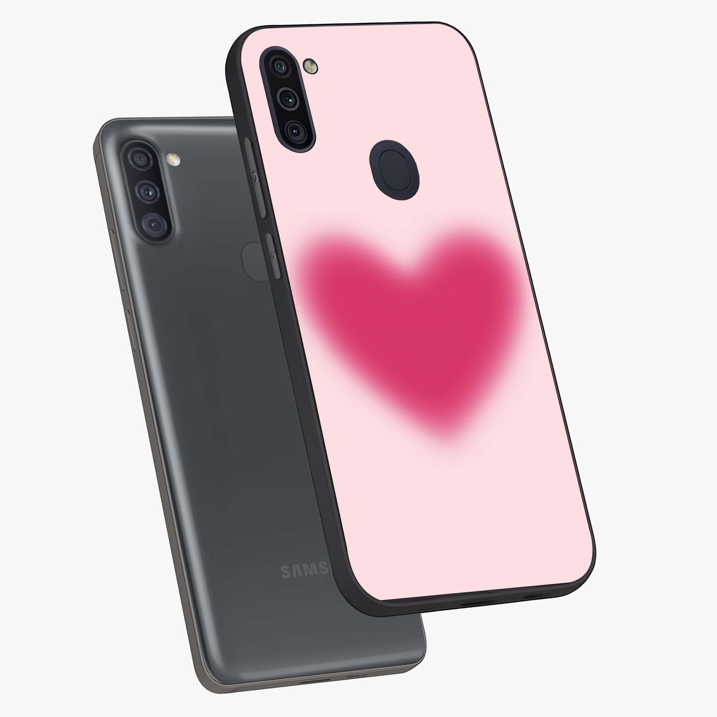 Pink Aura Heart Glass Case displayed in angled mockup highlighting vibrant pink heart design with dreamy aura aesthetic.