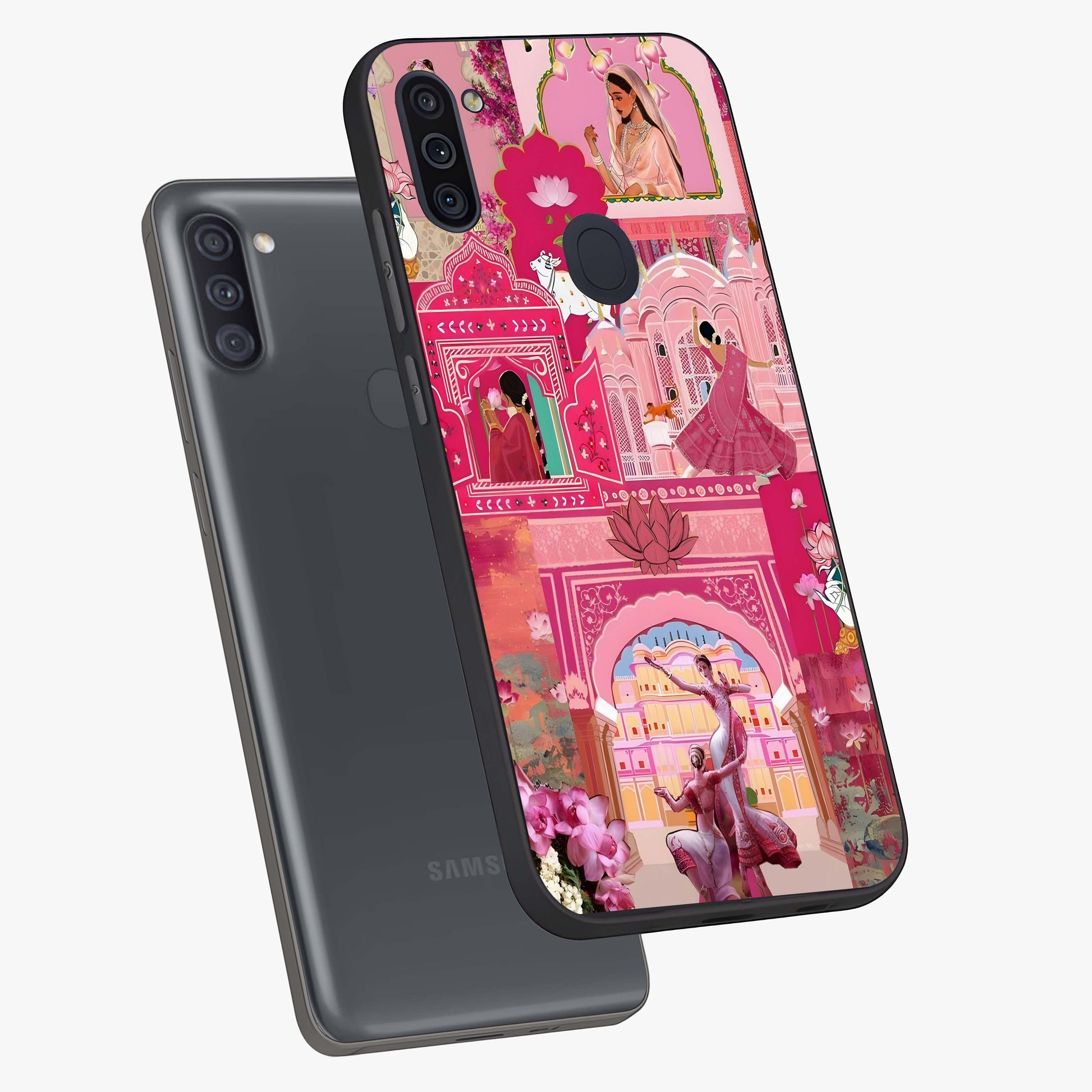 Pink Palace Muse Glass Case displayed in angled mockup highlighting dreamy palace illustration with soft pink aesthetic.