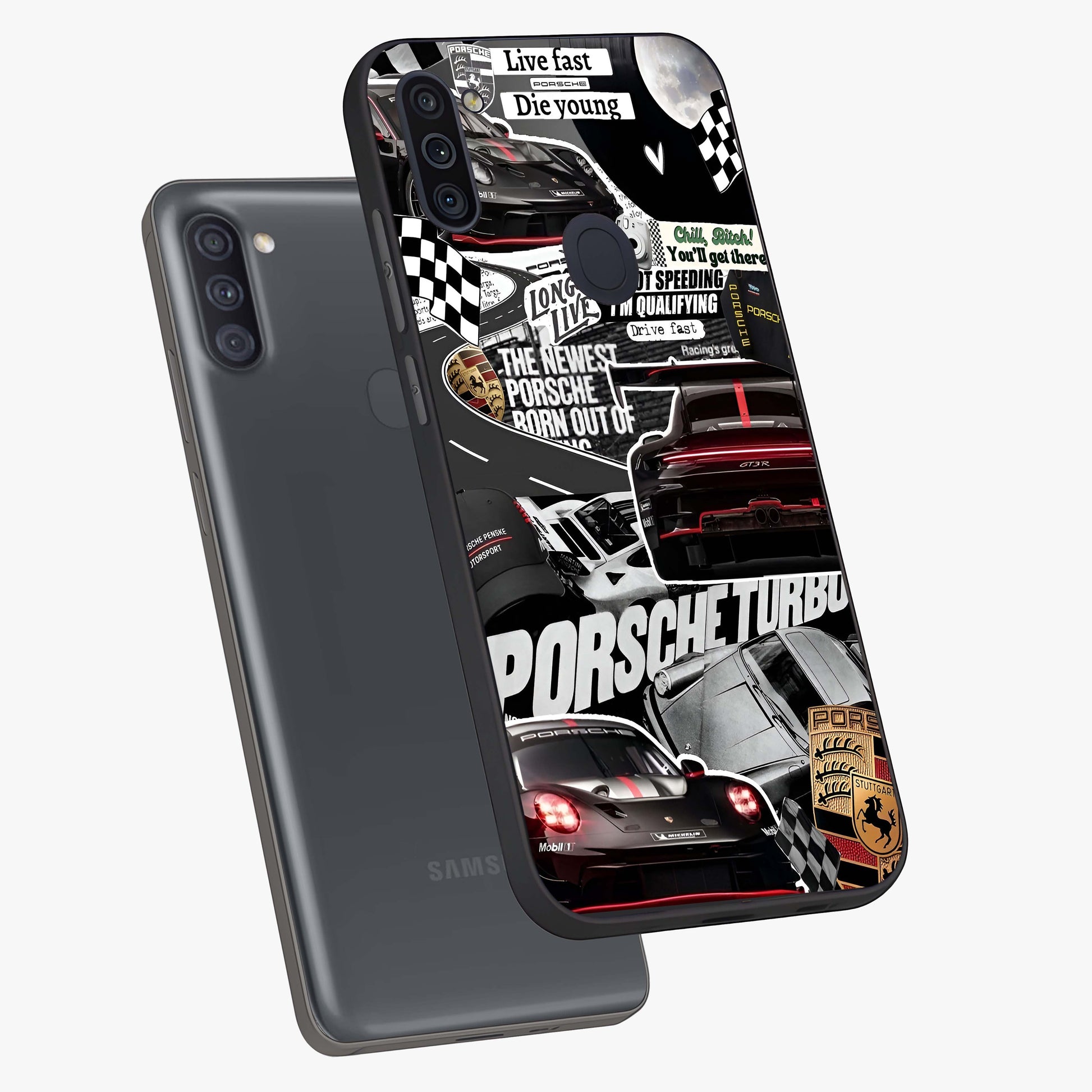 Porsche Racing Collage Glass Case displayed in angled mockup highlighting dynamic automotive design with bold racing aesthetic.