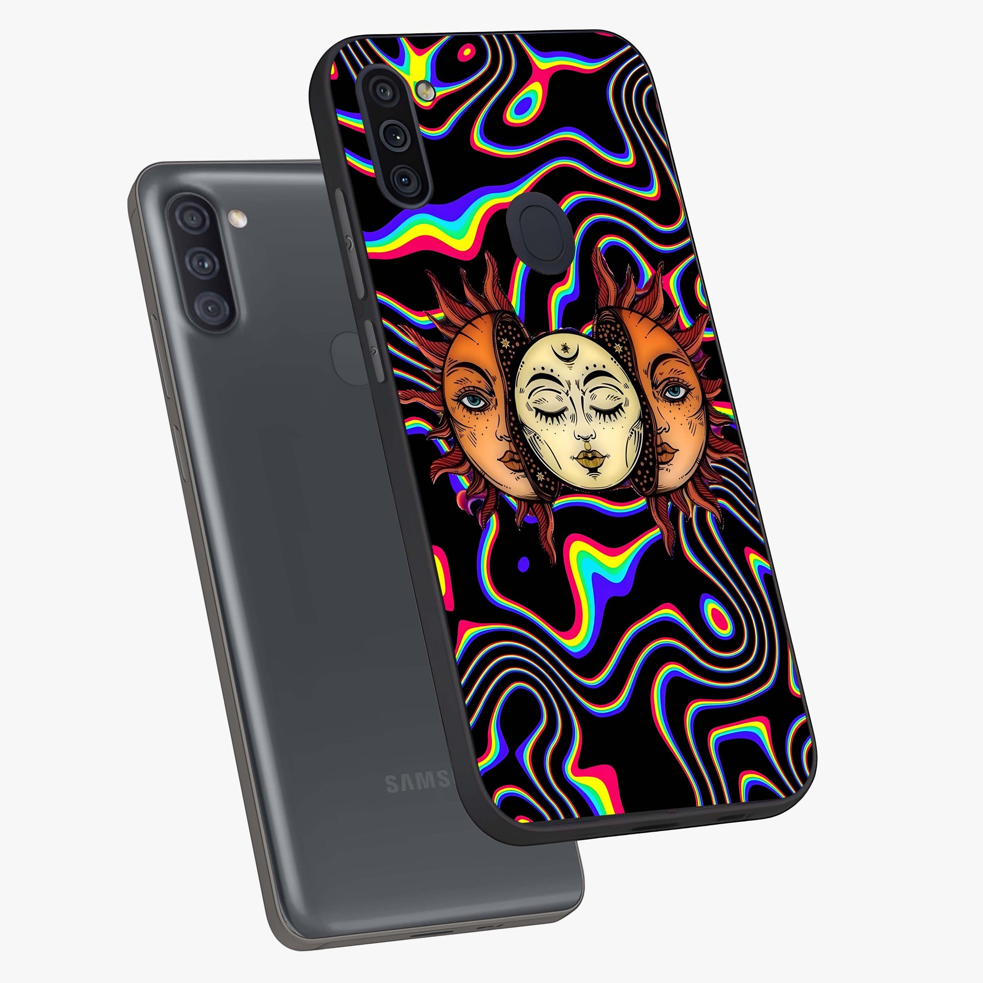 Psychedelic Sun Glass Case displayed in angled mockup highlighting vibrant abstract sun design with artistic aesthetic style.