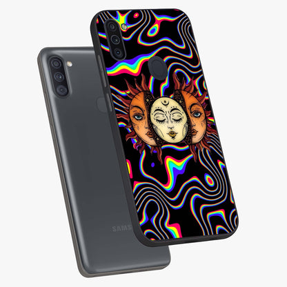 Psychedelic Sun Glass Case displayed in angled mockup highlighting vibrant abstract sun design with artistic aesthetic style.