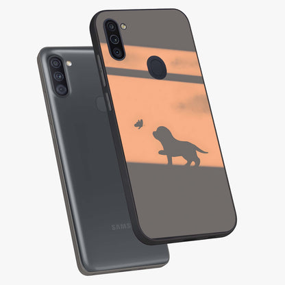 Puppy Shadow Art Glass Case displayed in angled mockup highlighting playful dog illustration with artistic shadow aesthetic.