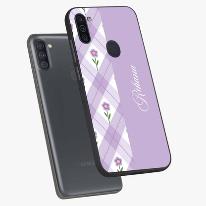 Purple Diamond Floral Glass Case displayed in angled mockup highlighting elegant purple flower design with decorative pattern.
