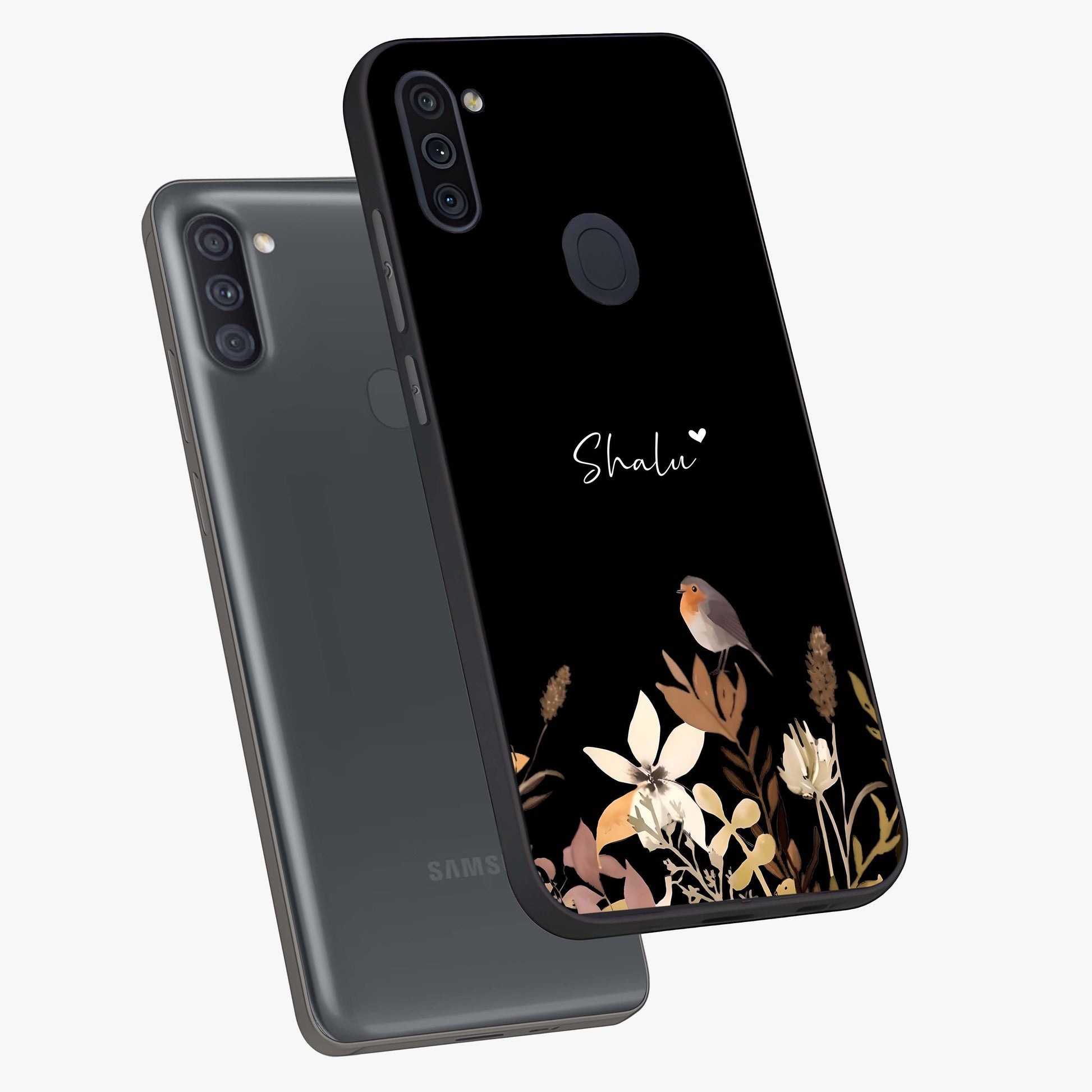 Quiet Garden Tune Custom Name Glass Case displayed in angled mockup highlighting delicate floral garden design with custom name feature.