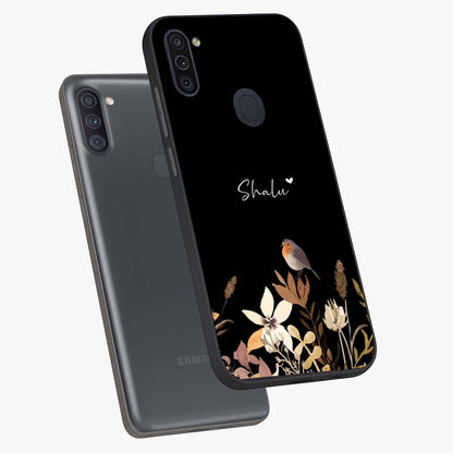 Quiet Garden Tune Custom Name Glass Case displayed in angled mockup highlighting delicate floral garden design with custom name feature.