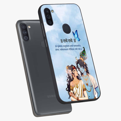 Radha Krishna Eternal Glass Case displayed in angled mockup highlighting divine Radha Krishna illustration with spiritual aesthetic.