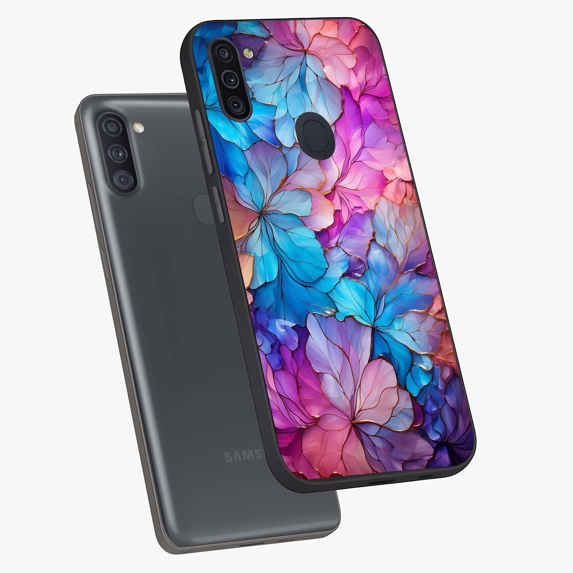 Radiant Floral Whirl Glass Case displayed in angled mockup highlighting vibrant flower pattern with dynamic artistic aesthetic.