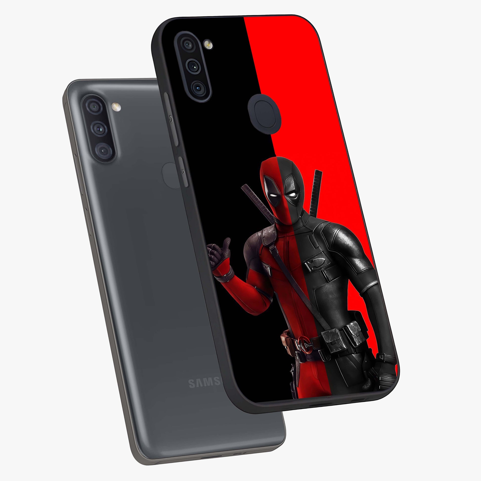 Red & Black Deadpool Theme Glass Case displayed in angled mockup highlighting vibrant superhero style illustration with action aesthetic.