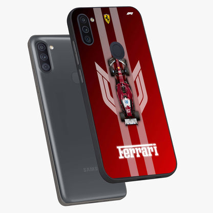 Red Ferrari F1 Vertical Glass Case displayed in angled mockup highlighting high speed racing design with bold automotive aesthetic.