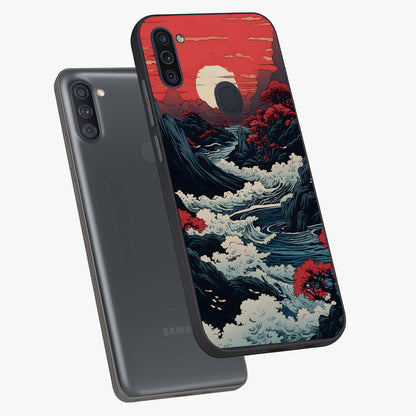 Red Sunset Scenery Glass Case displayed in angled mockup highlighting glowing sunset sky design with scenic aesthetic.