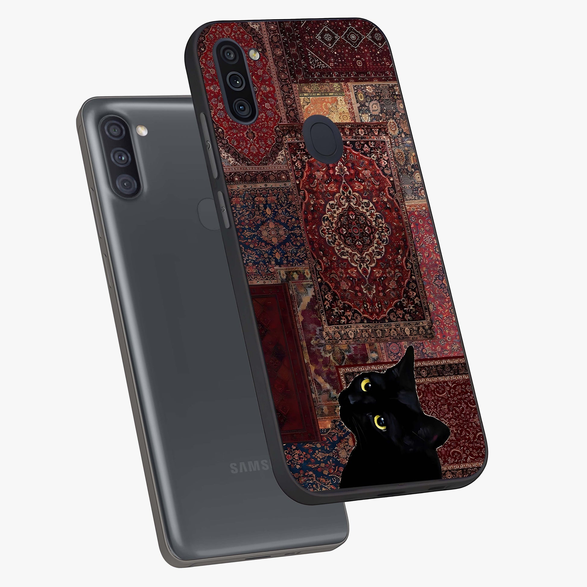 Regal Magic Cat Apple Glass Case displayed in angled mockup highlighting whimsical feline design with fantasy aesthetic.