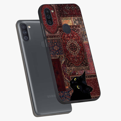 Regal Magic Cat Apple Glass Case displayed in angled mockup highlighting whimsical feline design with fantasy aesthetic.