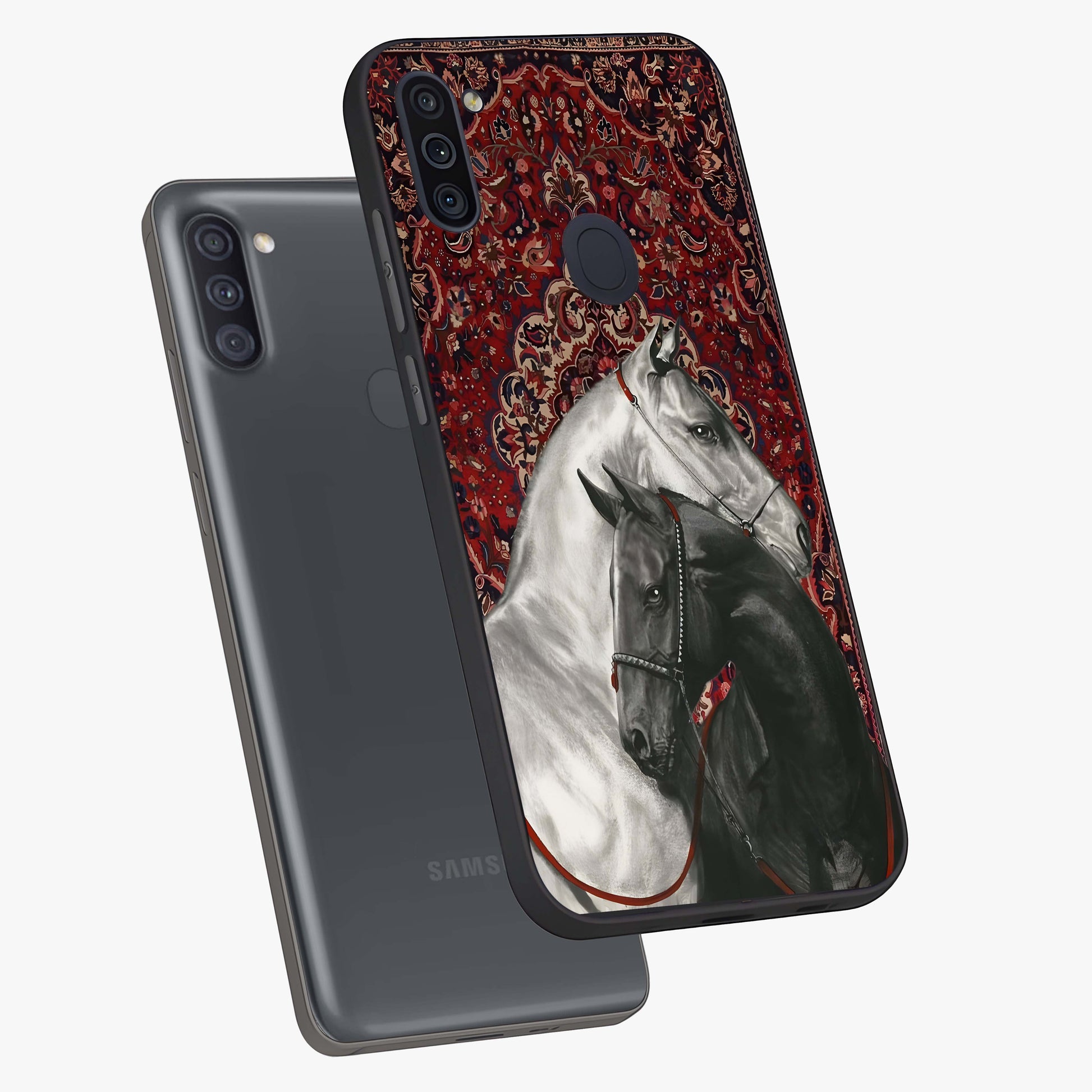 Regal Stallion Tapestry Glass Case displayed in angled mockup highlighting royal stallion design with decorative heritage aesthetic.