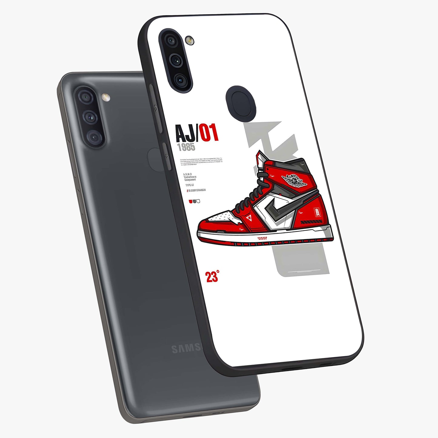 Retro Sneaker Blueprint Glass Case displayed in angled mockup highlighting detailed shoe design with sporty retro aesthetic.
