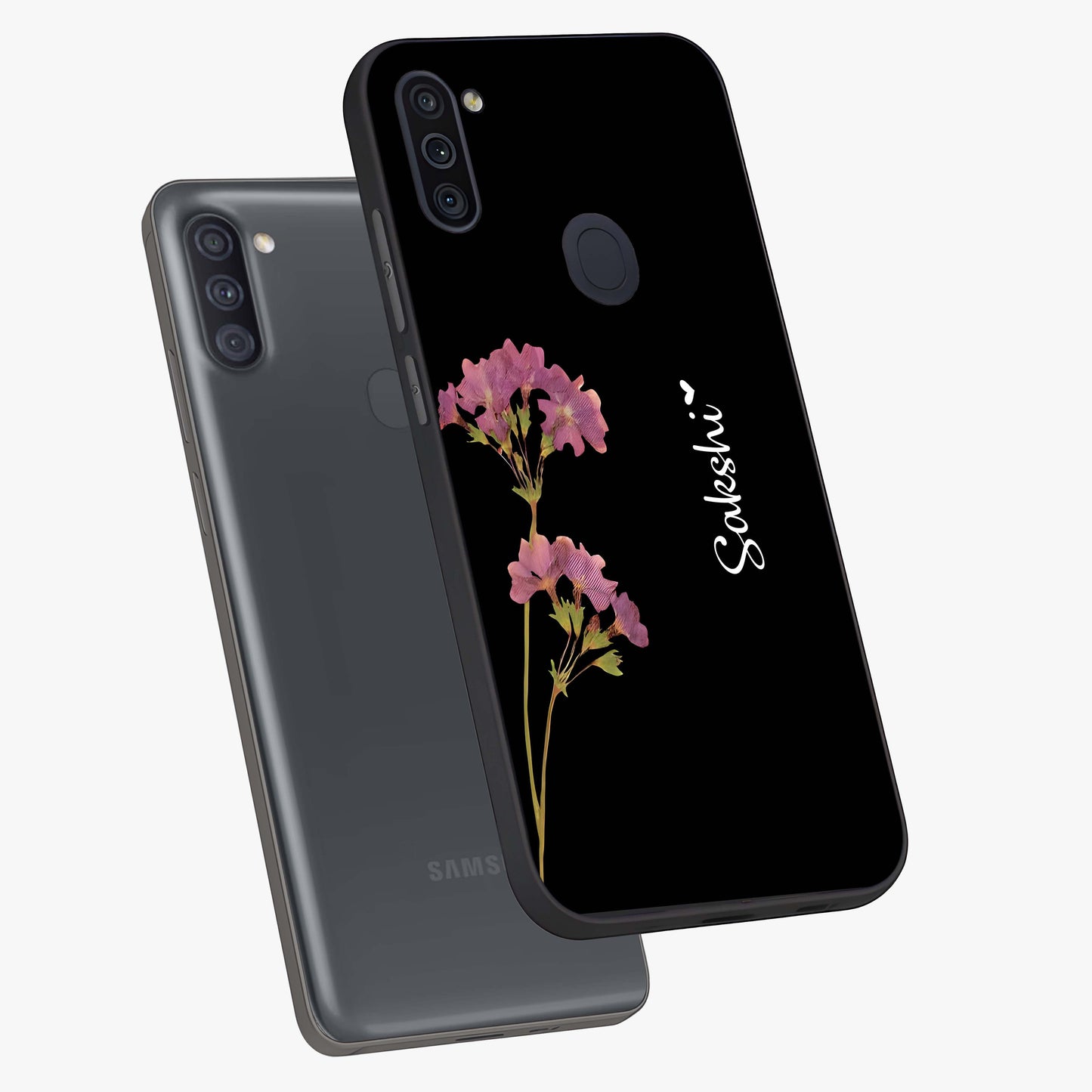 Riching Lavender Flower Custom Name Glass Case displayed in angled mockup highlighting delicate lavender flower design with custom name feature.