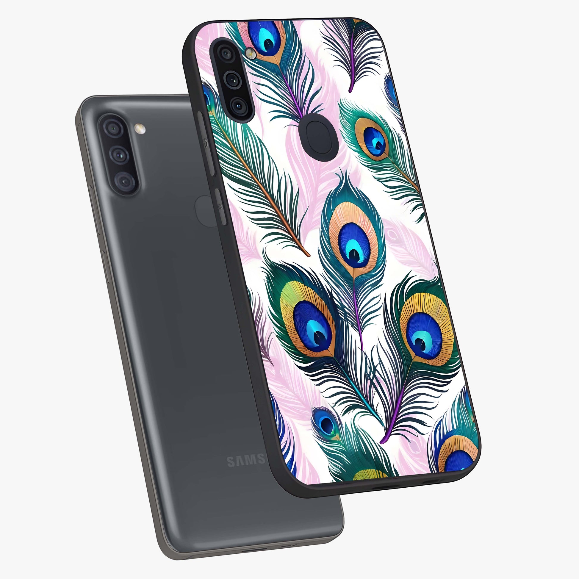 Royal Peacock Feathers Glass Case displayed in angled mockup highlighting vibrant feather pattern with regal aesthetic style.