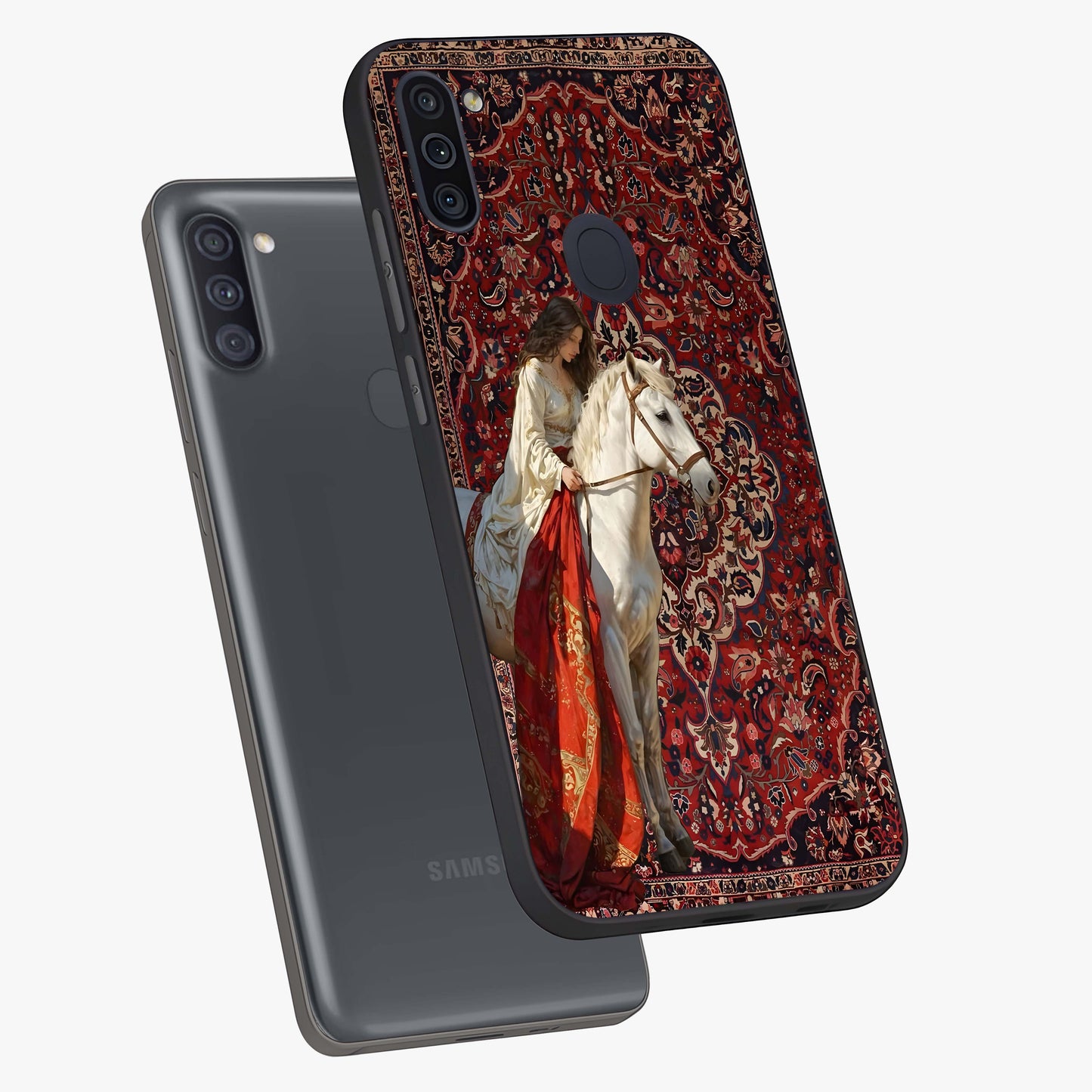 Royal Rider Tapestry Glass Case displayed in angled mockup highlighting traditional tapestry design with royal heritage aesthetic.
