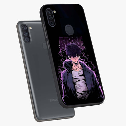 Shadow Monarch Awakening Glass Case displayed in angled mockup highlighting dramatic shadow warrior design with fantasy aesthetic.