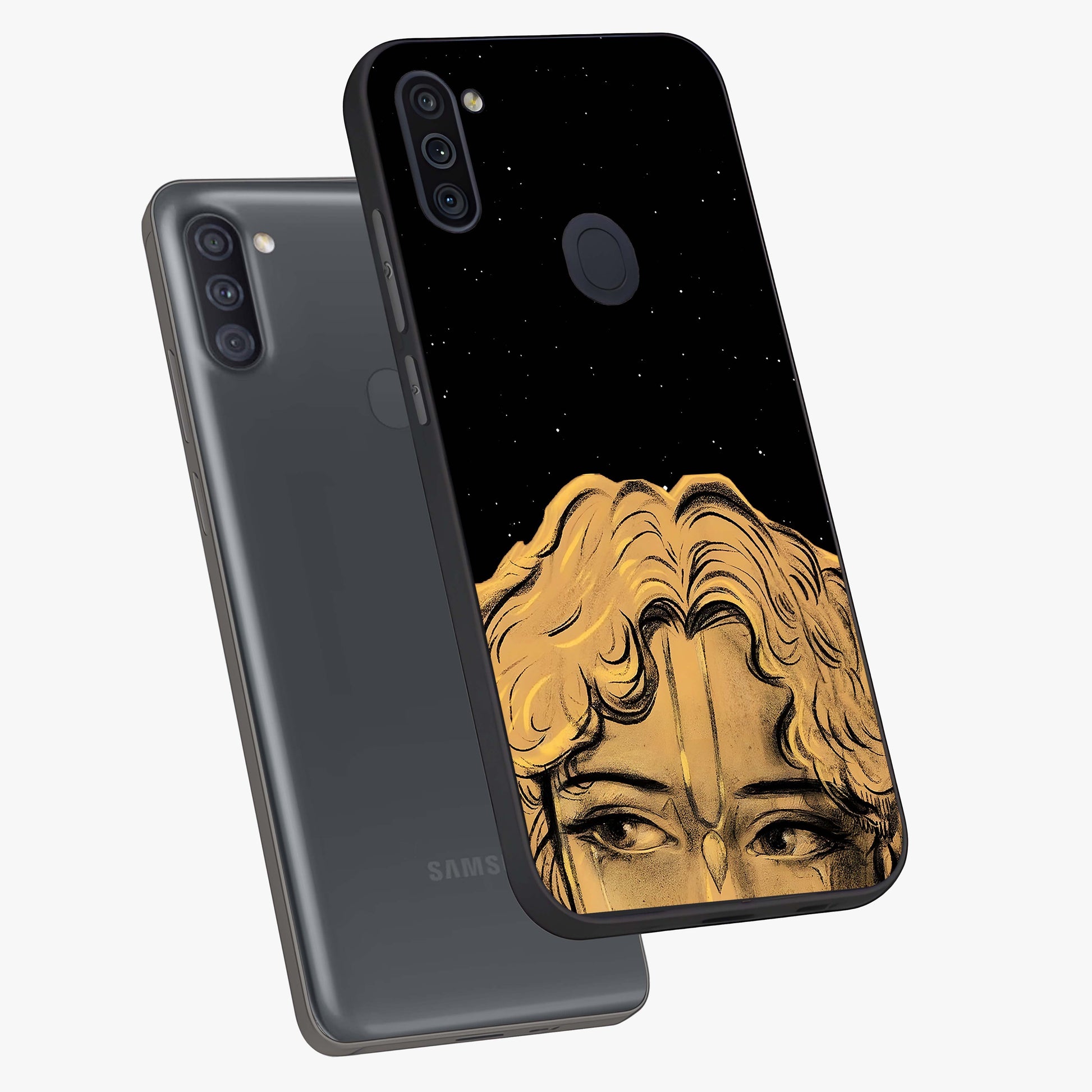 Shri Krishna Art Glass Case displayed in angled mockup highlighting spiritual Krishna illustration with divine aesthetic.