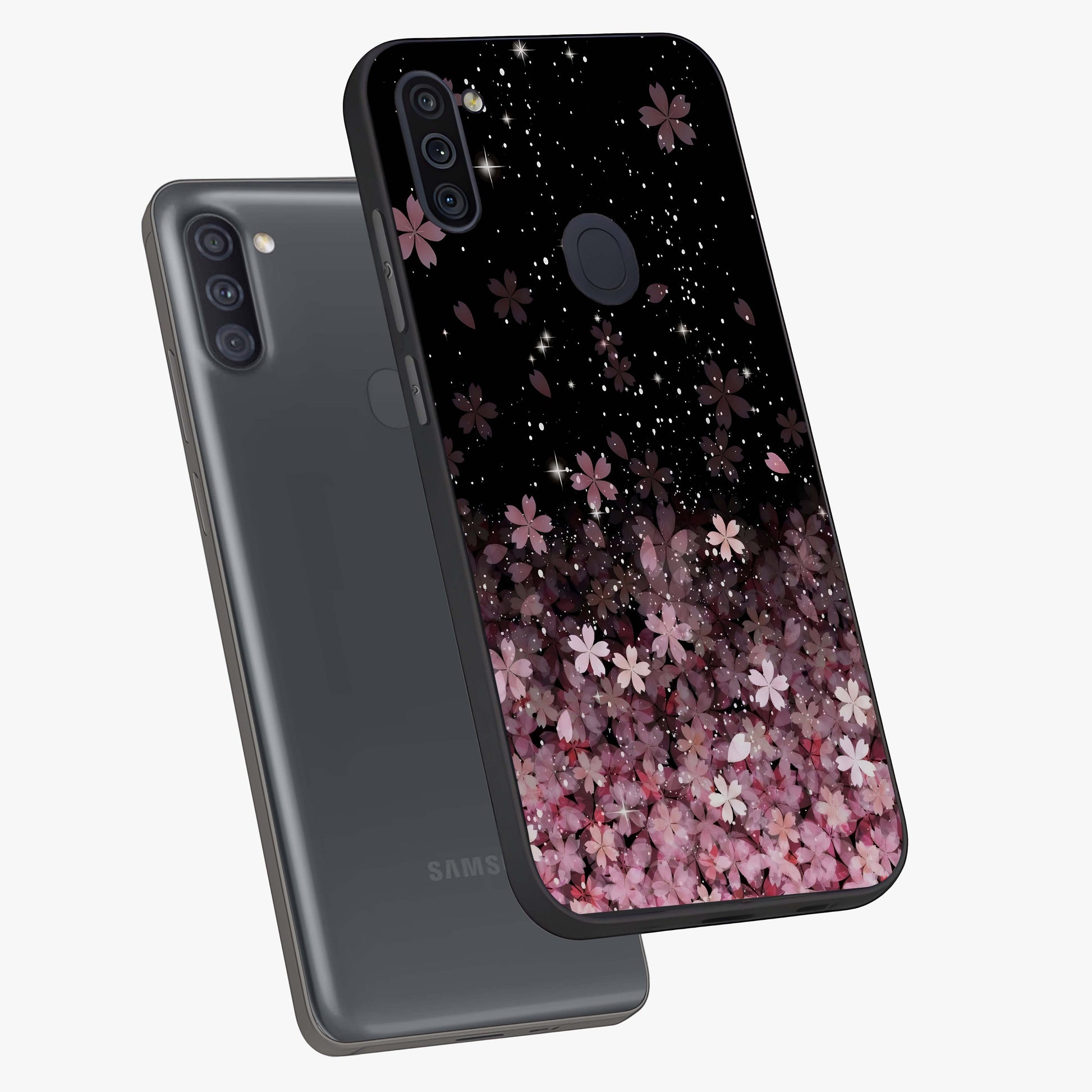 Small Starry Flowers Glass Case displayed in angled mockup highlighting tiny flower pattern with celestial aesthetic style.
