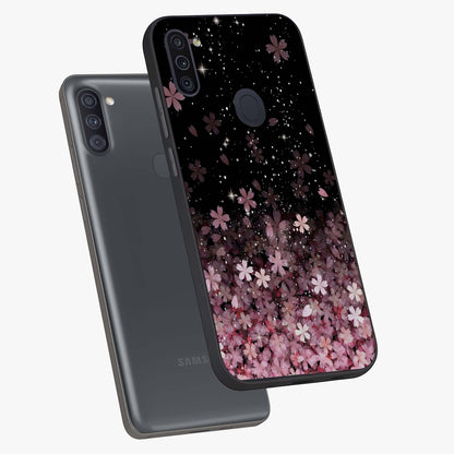 Small Starry Flowers Glass Case displayed in angled mockup highlighting tiny flower pattern with celestial aesthetic style.